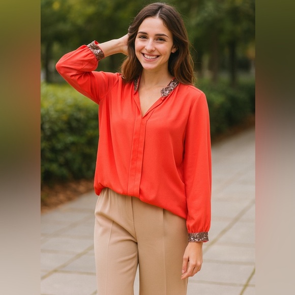 Orange Sequin Trim Blouse • Made in Italy • Elegant Long Sleeve Top - Picture 8 of 10